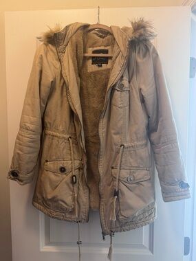 Royalty For Me Women’s Parka Jacket Beige Faux Fur Hood Utility Coat Size PM